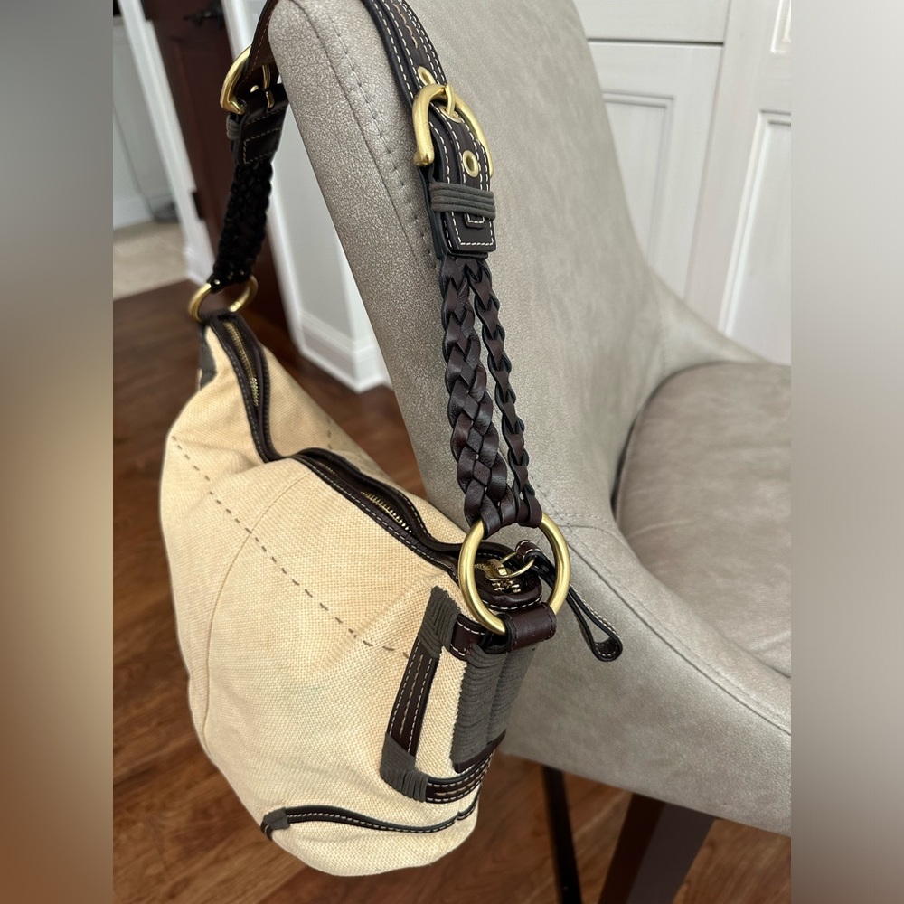COACH Purse Shoulder Bag 4711 Angora Straw Burlap Beige w/ Genuine Brown Leather - Picture 3 of 14
